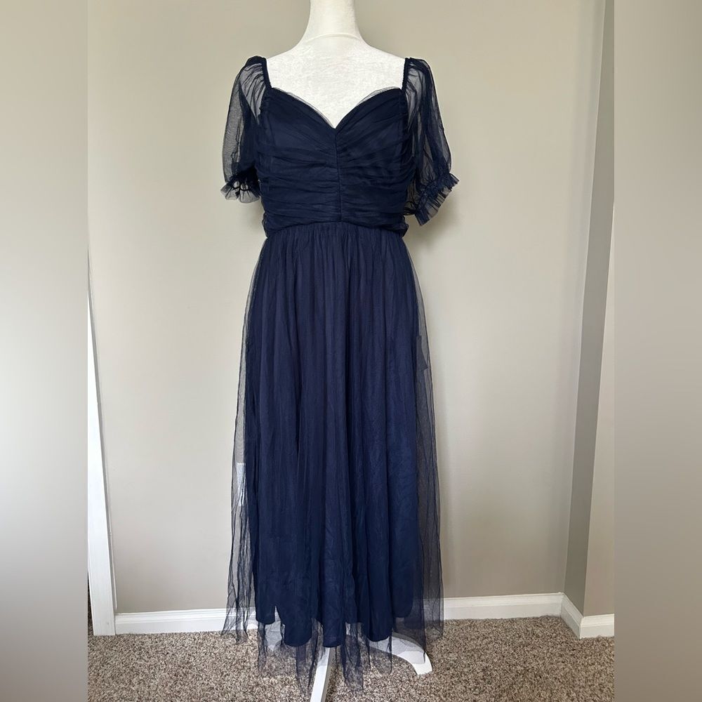 Lulus Romantic Navy Tulle Pleated Puff Sleeve Midi Dress Medium New with Tag - Picture 2 of 13